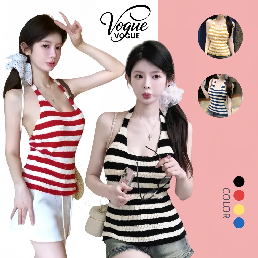 Vogue🌟พร้อมส่ง🌟 เสื้อสายเดี่ยวไหมพรม ดีเทลลายทางสีสด เว้าหลังสุดเซ็กซี่ (Y1341)