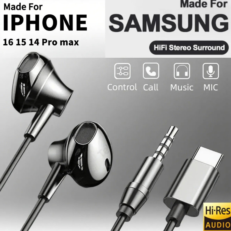 สำหรับ type-C ทั้งหมด phone USB Type C หูฟังไฮไฟเบสสเตอริโอควบคุมระดับเสียงไมค์3.5มิลลิเมตรสายหูฟังสำหรับ g alaxy S24 S23 S22 S21อัลตร้า iPhone 15 16 PRO MAX หูฟัง iphone type c หูฟัง type c samsung  หูฟัง สาย typ cหูฟังไทป์ c หูฟังไอแพด หูฟัง xiao mi