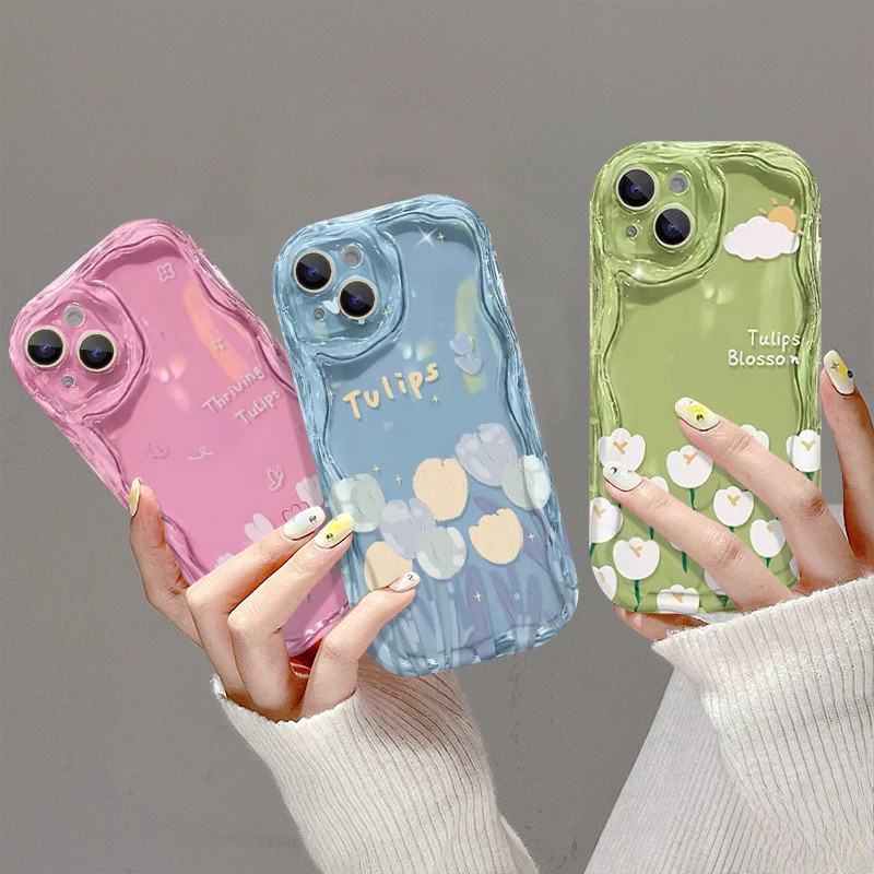 แฟชั่นภาพวาดสีน้ำมันน่ารักดอกทิวลิปดอกไม้ 3D คลื่นโค้งขอบกรณี เคสไอโฟน iPhone11 16 15 14 12 13 Pro Max X 7 8 Plus XR XS