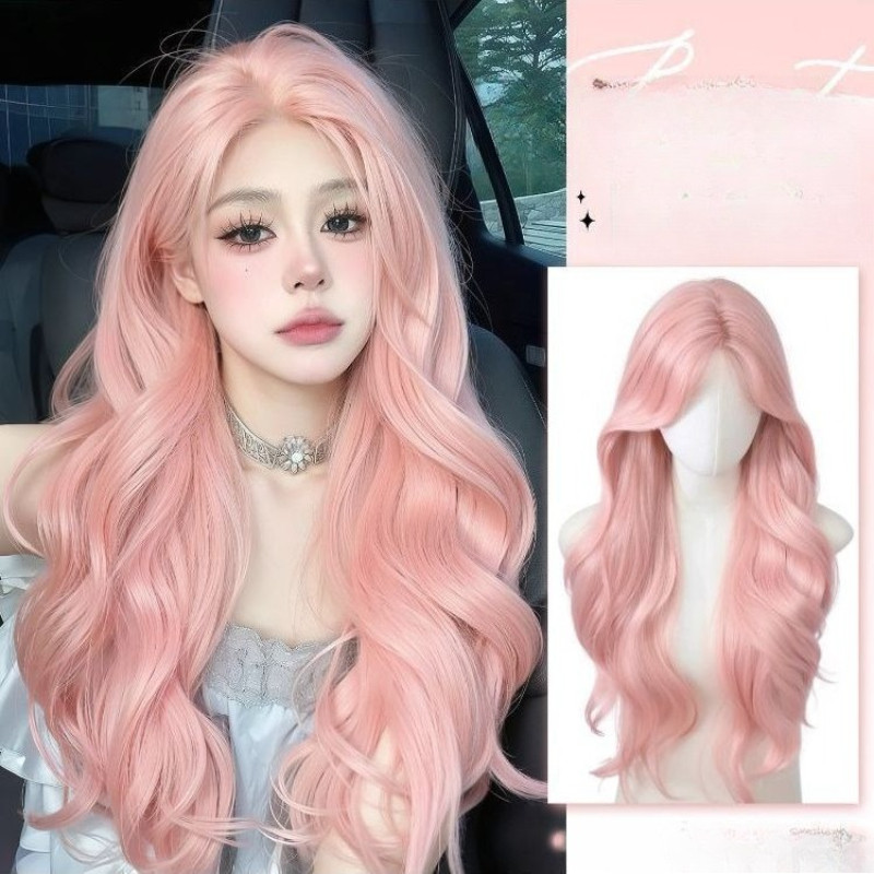 วิกผมผู้หญิงทรงผมยาวจริตสีชมพูอ่อน ลอนสวยงาม เพื่อความเหมือนจริง
