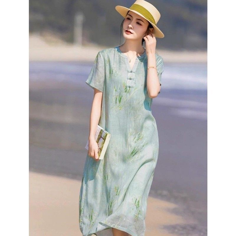 K4477 ฤดูร้อนพิมพ์ Retro สไตล์ชุดผ้าฝ้ายความยาวกลางหลวมรู้สึก v คอหัวเข็มขัด Cheongsam ชุดผู้หญิง 0M