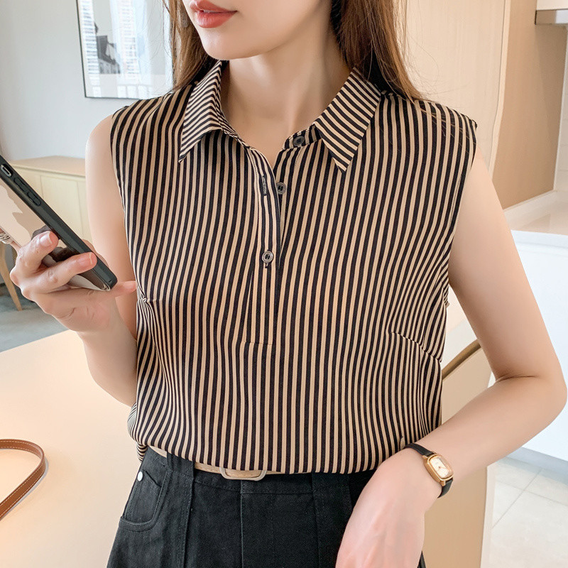 เสื้อเชิ้ตแขนกุดสำหรับทำงาน ลายเส้นเรียบหรู พอดีตัว สไตล์สวยเก๋ เหมาะสำหรับฤดูร้อน