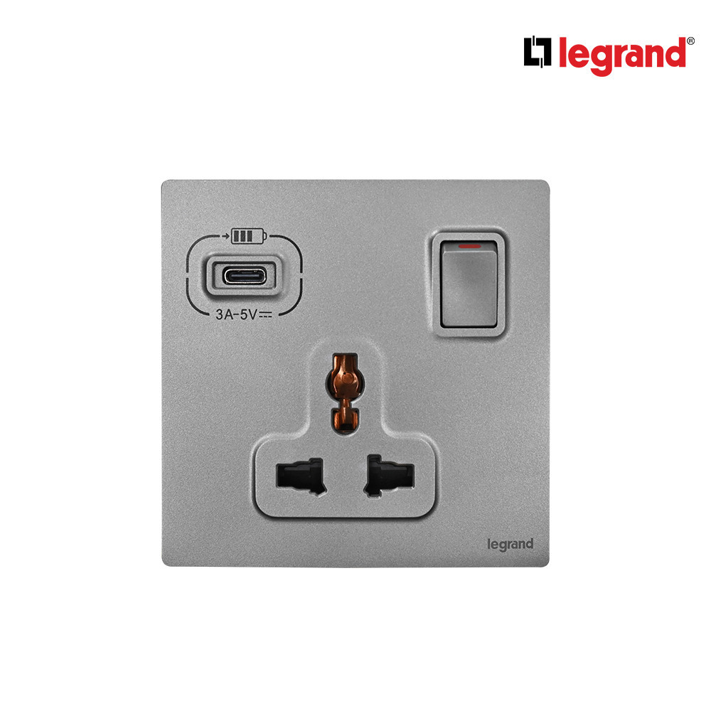 Legrand เต้ารับสากล มีสวิตช์ควบคุม + เต้ารับ Type C สีเทาดำ รุ่นมาเรียเซนต์ | Mallia Senses | 281125
