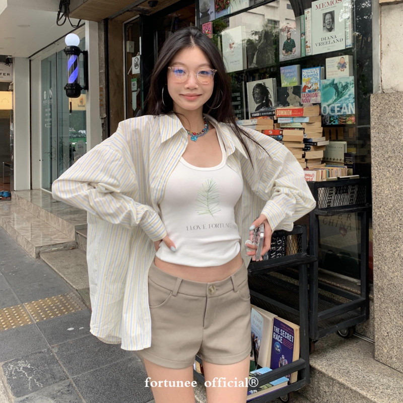 Fortunee เสื้อเชิ้ตแขนยาวลายทาง สไตล์เกาหลี คลุมแดดได้ในฤดูร้อย ทรงหลวมใส่สบาย แบบโอเวอร์ไซส์