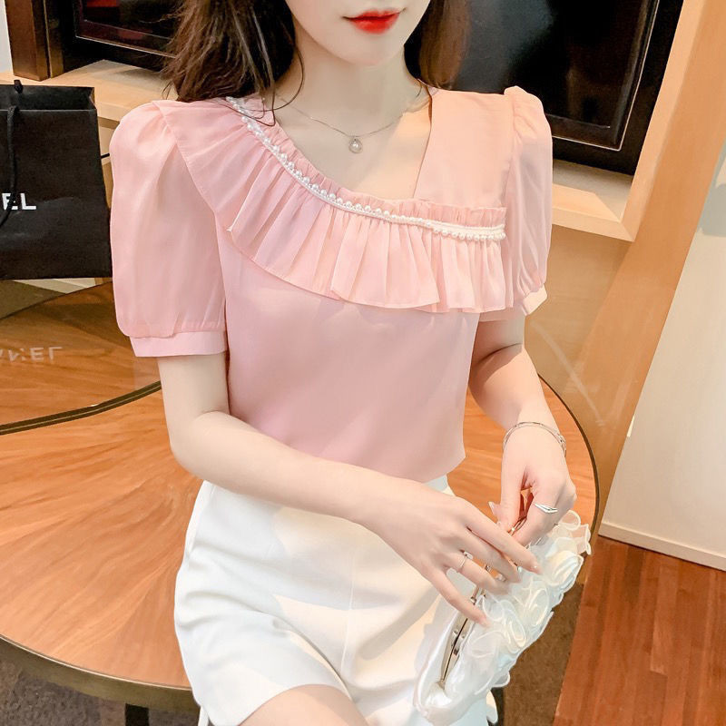 Ruffle edge patchwork เสื้อเชิ้ตแขนสั้น niche คอเสื้อแฟชั่น fairy tops