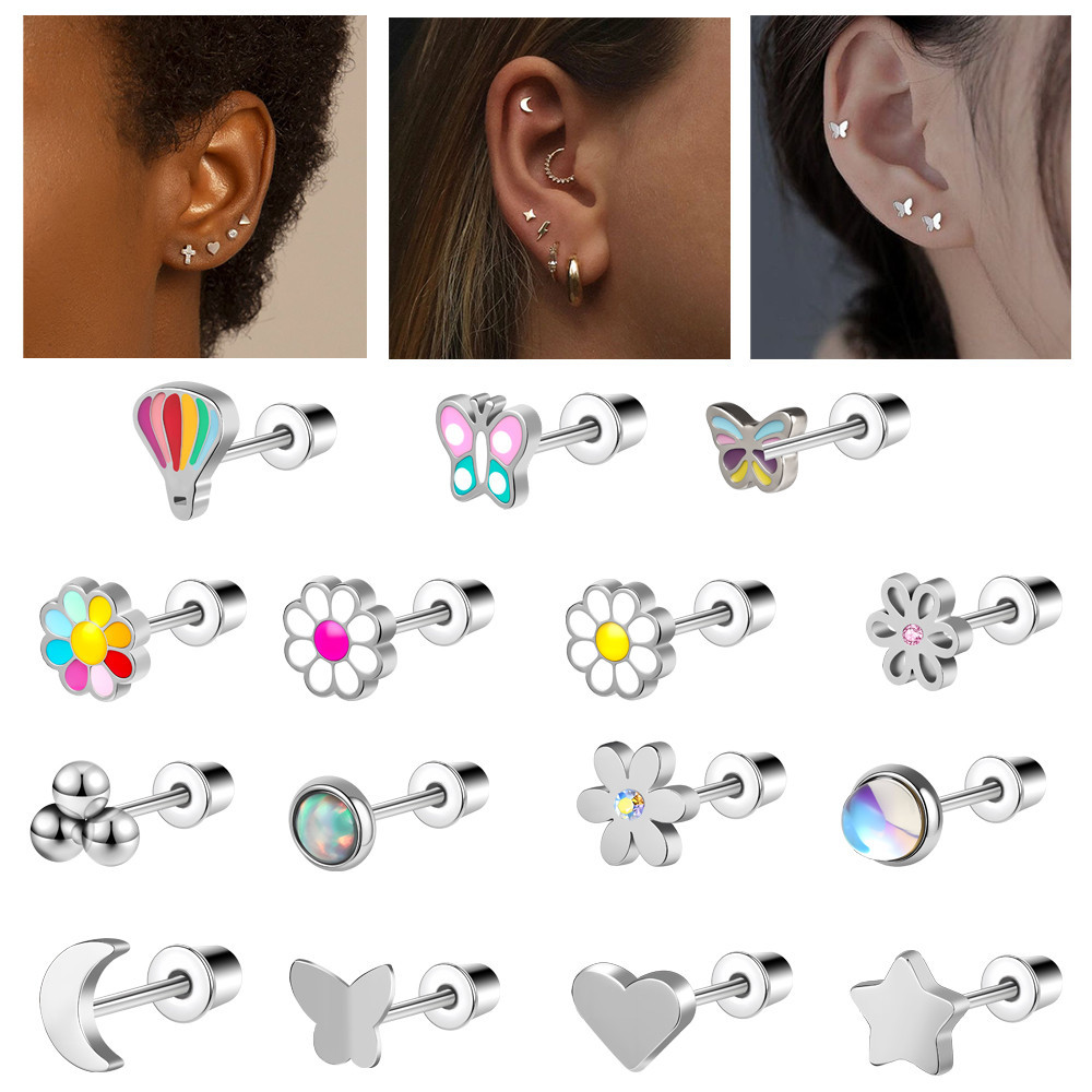 1 Pc 20G สแตนเลสสตีลหูดอกไม้ต่างหู Lobe หูเจาะ Helix Stud ต่างหูหัวใจต่างหู Silver Body เครื่องประดับ