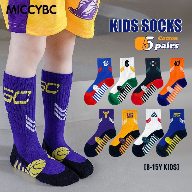 [MICCYBC]5 ชิ้น/เซ็ต 8-15Y ถุงเท้าเด็ก ผ้าฝ้ายแท้/ ระบายอากาศได้ /การดูดซับเหงื่อ ถุงเท้าบาสเกตบอลสำหรับเด็ก