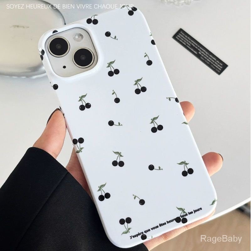 เคสโทรศัพท์มือถือแบบเรียบง่ายสไตล์ INS สไตล์เกาหลีสีดำเคสโทรศัพท์มือถือแอปเปิ้ลเชอร์รี่ขนาดเล็กสำหรับ iPhone 15 14 PRO MAX 13 12 Pro กันฝุ่น MAX 7 plus XS MAX กันกระแทก8 PLUS XR 11 Pro 12 14 PLUS เคสซิลิโคนกันกระแทก ujsy