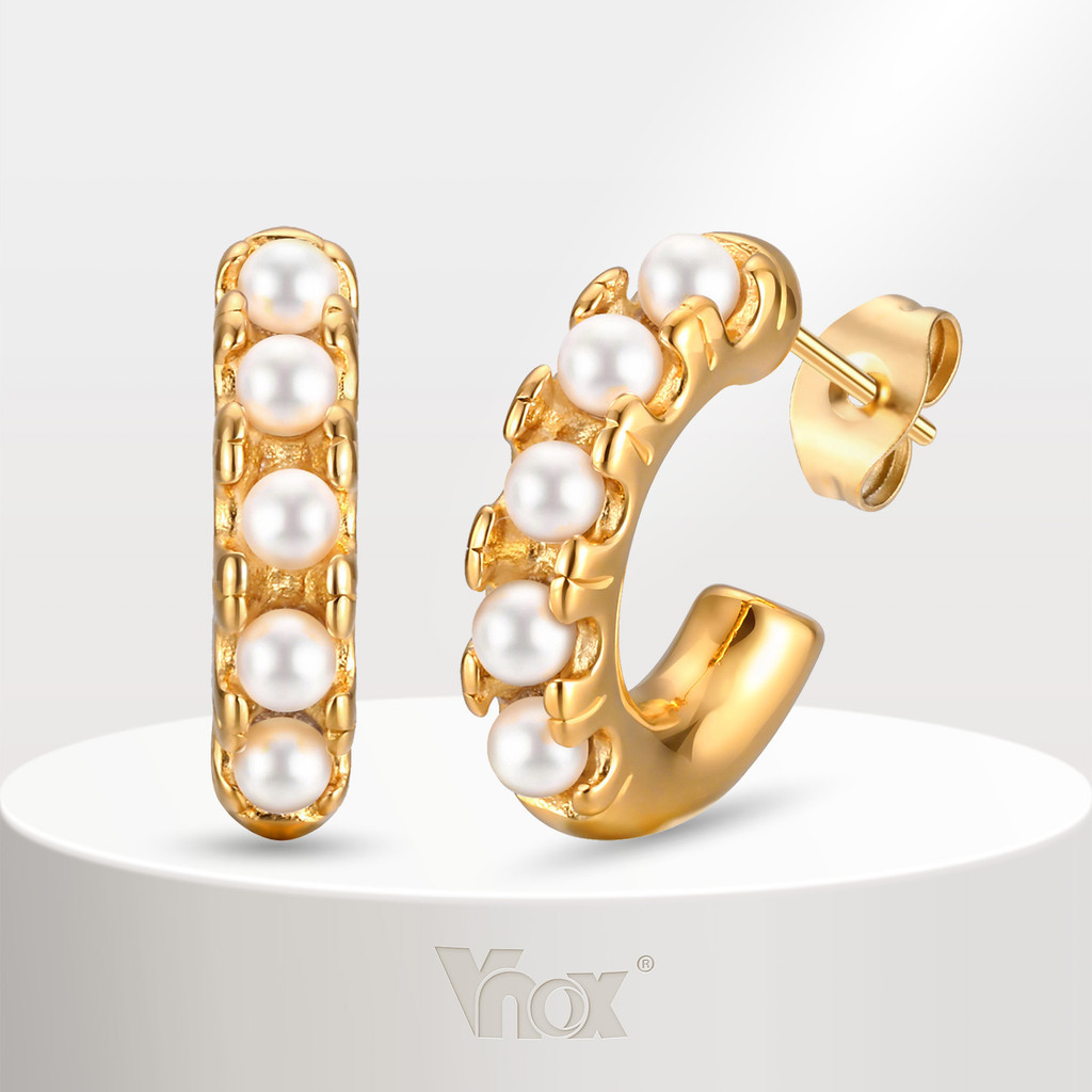 Vnox ต่างหูมุกรูปตัว C สําหรับผู้หญิง,ต่างหูสแตนเลสทอง 18K,ของขวัญเครื่องประดับหรูหราวินเทจ