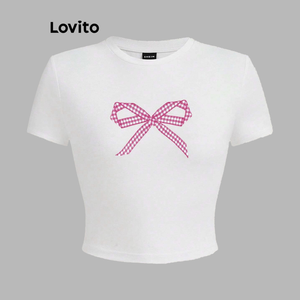 Lovito เสื้อยืดผู้หญิง พิมพ์ลายโบว์ สไตล์น่ารัก L85AD217