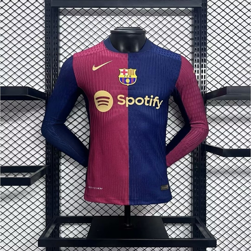 2024 ใหม่ Barcelona home football Player เวอร์ชั่นเสื้อเสื้อฟุตบอลแขนยาวคุณภาพสูงด้านบน AAA+