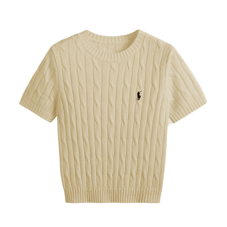 Top แขนสั้น Slim-Fit Top หญิง Preppy สไตล์ปัก Twist เสื้อยืดรอบคอ Bottoming ถักเสื้อกันหนาว Pony