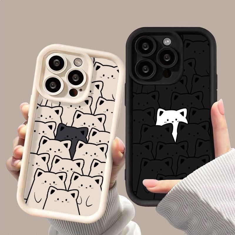 สําหรับiPhone 11 12 13 14 17 Pro Max iPhone 16e X XR XS Max iPhone 15 Pro Max SE 2020 7 8 Plus 13 12 Mini 14 15 Plusซิลิโคนคู่เคสโทรศัพท์น่ารักการ์ตูนสายลูกแมวฝาครอบ