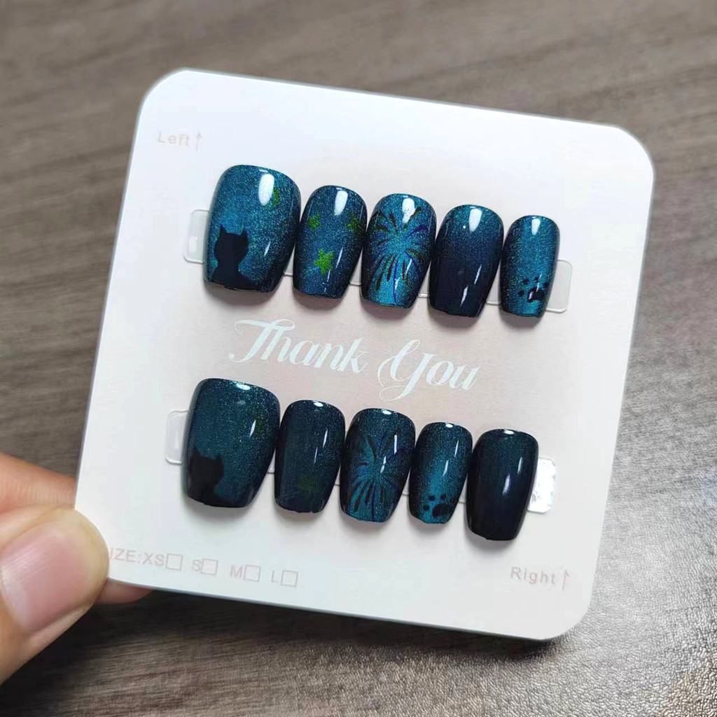 10pcs Cat Eye Handmade กดบนเล็บเล็บปลอมพร้อมสติกเกอร์กาว M112