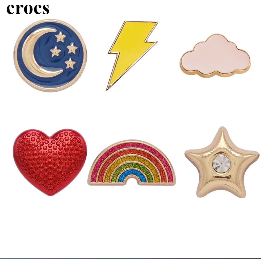 6 ชิ้น\ ชุด Crocs Jibbitz Charms แฟชั่นสาวที่ถอดออกได้รองเท้าหัวเข็มขัด DIY โลหะ Blue Moon Rainbow Croc