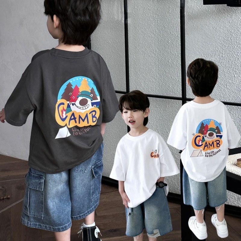[เสื้อยืดเด็กผู้ชาย] (10-40กก.) Cotton Boy T เสื้อแขนสั้นเสื้อยืดบางพิมพ์แฟชั่นเกาหลีสวมใส่
