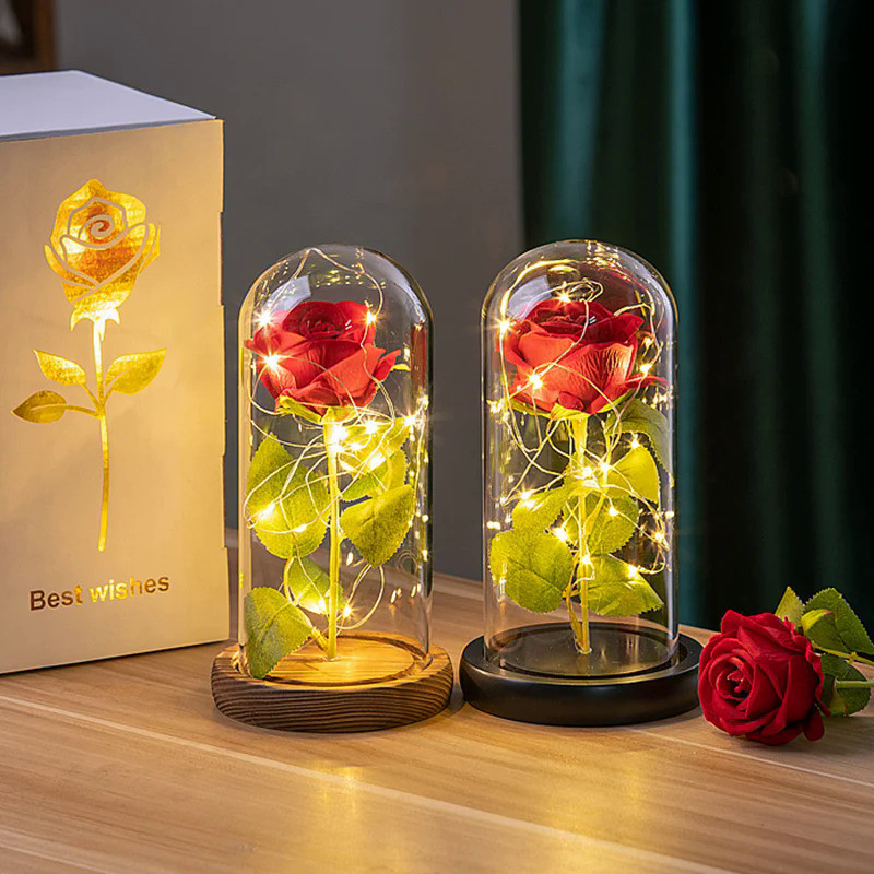 Artificial Rose Flowers Eternal Rose LED Light Foil Flower in Glass Cover Simulation Rose Flower Mot