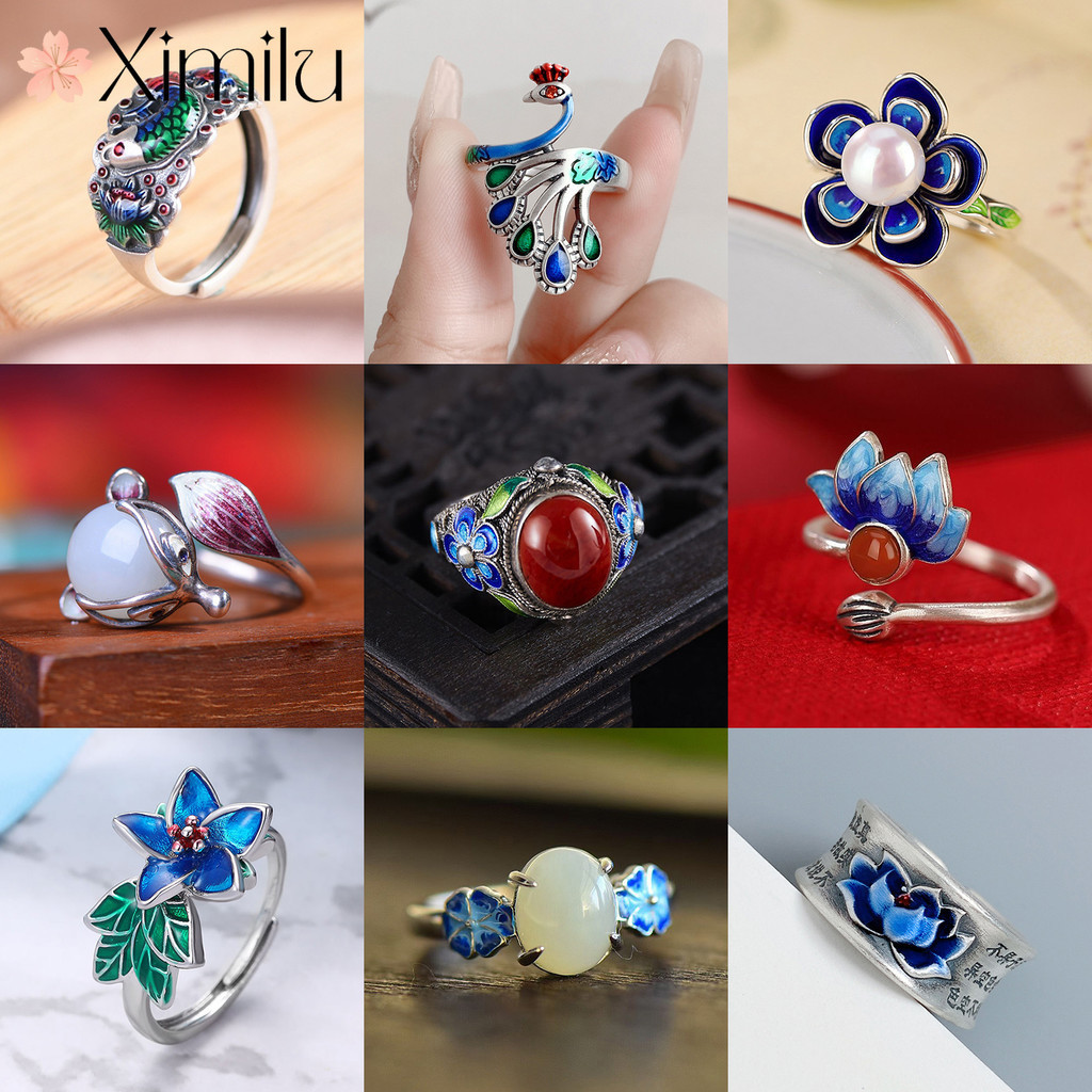 ❤ Original Cloisonne Jade Series Lotus แหวนนกยูงเครื่องประดับ Unisex ปลาคาร์พของขวัญโชคดีแหวนสไตล์พระราชวัง