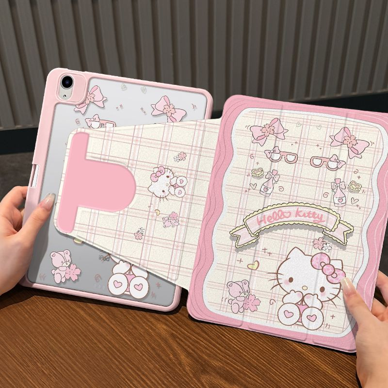เคส Ipad 360 ° Rotation glasses Bow Hellokitty เหมาะสําหรับอะคริลิค iPad Air6 Gen7/8/9 10.2 Gen5/6 9.7 Air4 Air5 10.9 Pro11 Triple พับ เคส ipad gen10