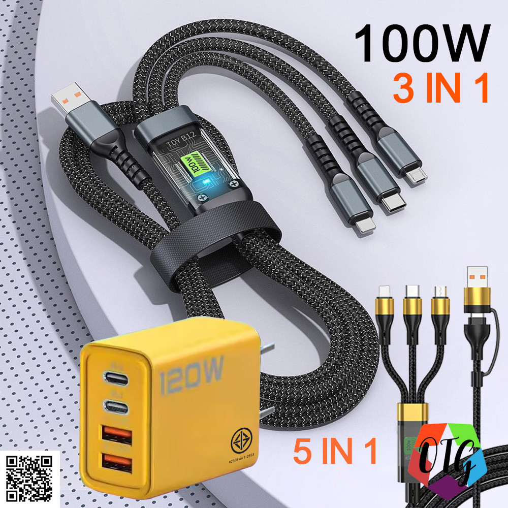3 in 1 สายชาร์จเร็ว 100W​ สายชาร์จ USB Fast Charge อะแดปเตอร์ 120W 5 in 1 Type-C Micro L line ใช้ได้กับมือถือทุกรุ่น