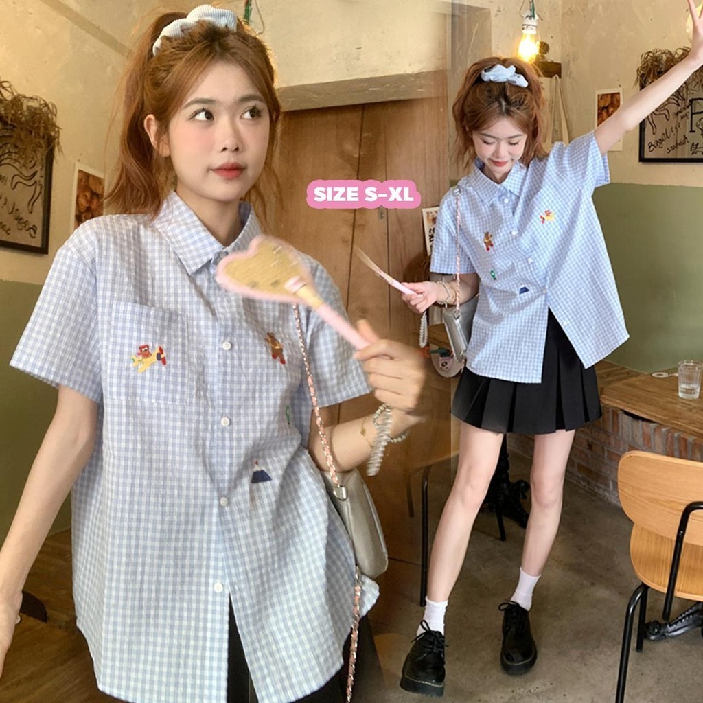 MIMI&DIDI#เสื้อลายสก๊อตลำลองแฟชั่น เสื้อเชิ้ตแขนสั้นปักลายโปโลสีน้ำเงินย้อนยุคอเมริกันสำหรับผู้หญิง ฤดูร้อน#W439