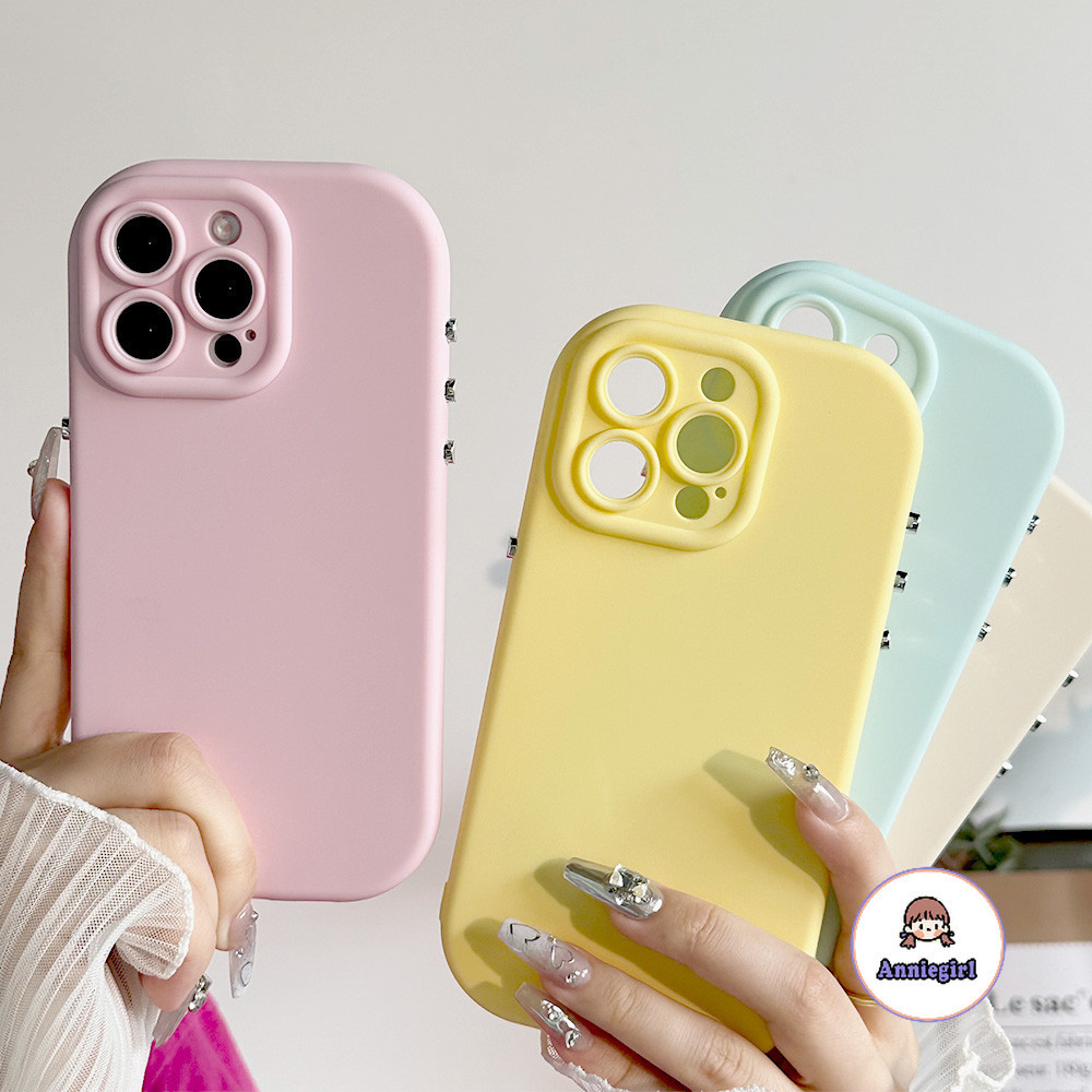 Simple Macaron สีซิลิโคนเคสโทรศัพท์สําหรับ IPhone 11 16 15 Pro Max 14 12 13 ProMax 16plus ปุ่มโลหะเลนส์ป้องกันโทรศัพท์นุ่มปกหลัง