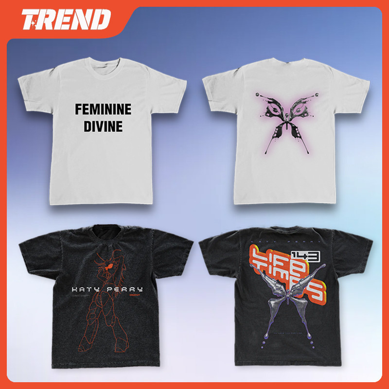 Katy Perry 143 Lifetimes Heart Merch ล้างผ้าฝ้ายเสื้อยืด Vintage Plus ขนาดผู้ชายและผู้หญิงหลวมพิมพ์แ