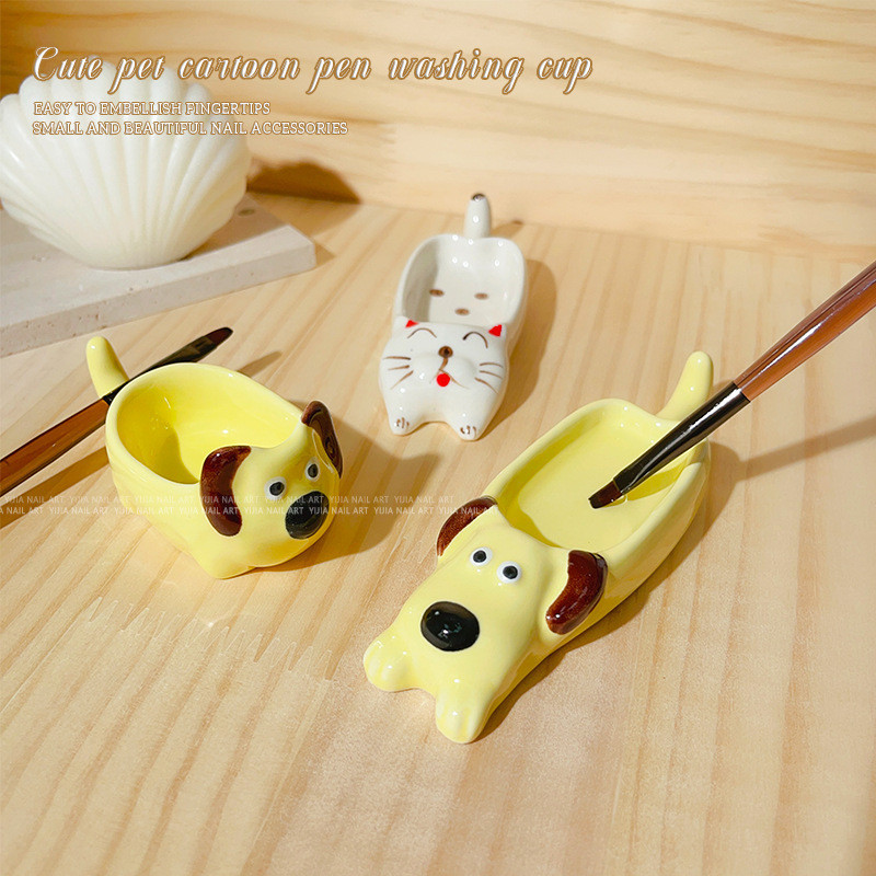 เล็บเครื่องมือทําเล็บเล็บแปรงเซรามิคล้างถ้วยสัตว์เลี้ยงน่ารักสีขาวสีเหลืองสุนัขแมวจุ่มซอส คูดัน - รูปที่ 3