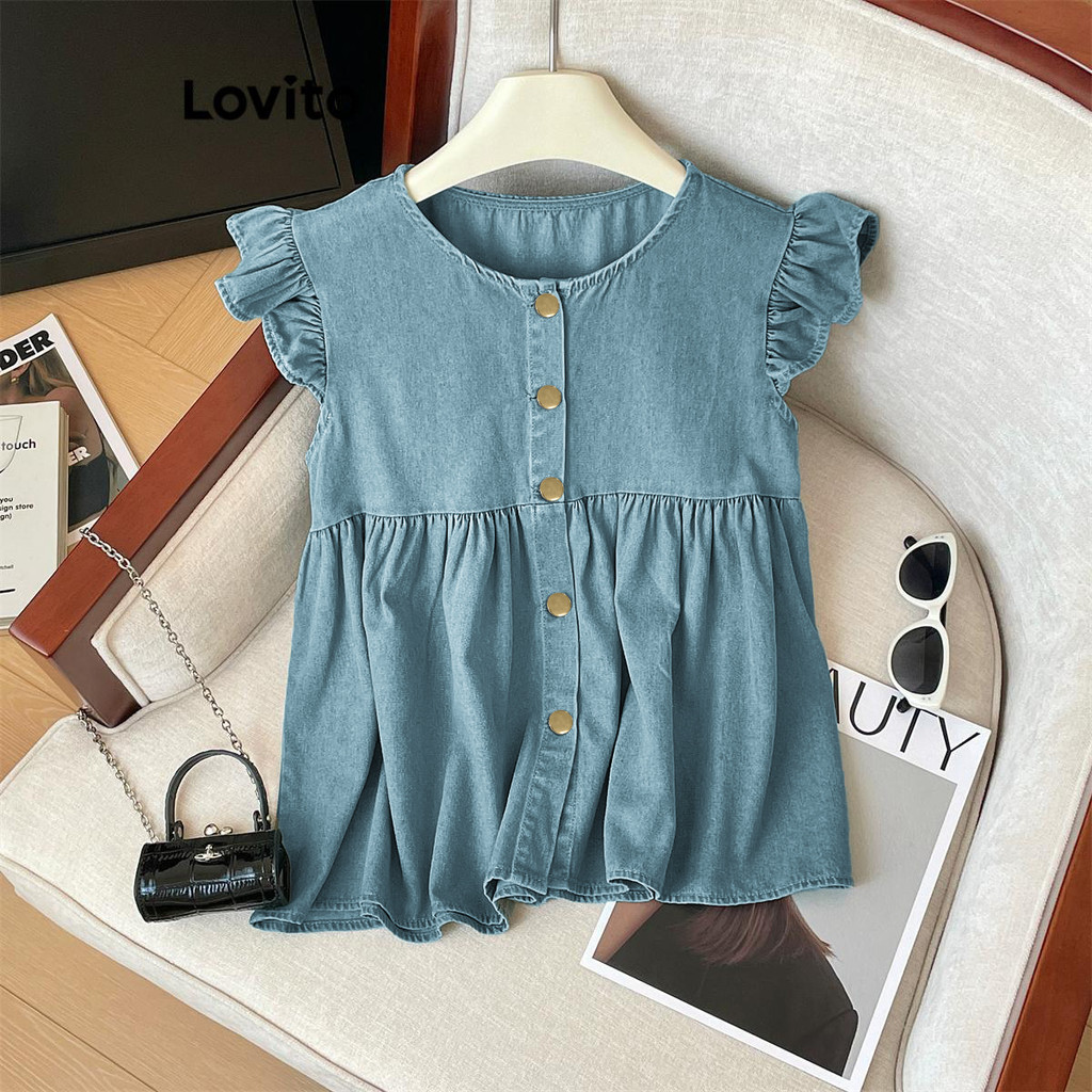 Lovito เสื้อยีนส์ผู้หญิง มีกระดุม แต่งระบาย สีพื้น สไตลลำลอง LNE62265