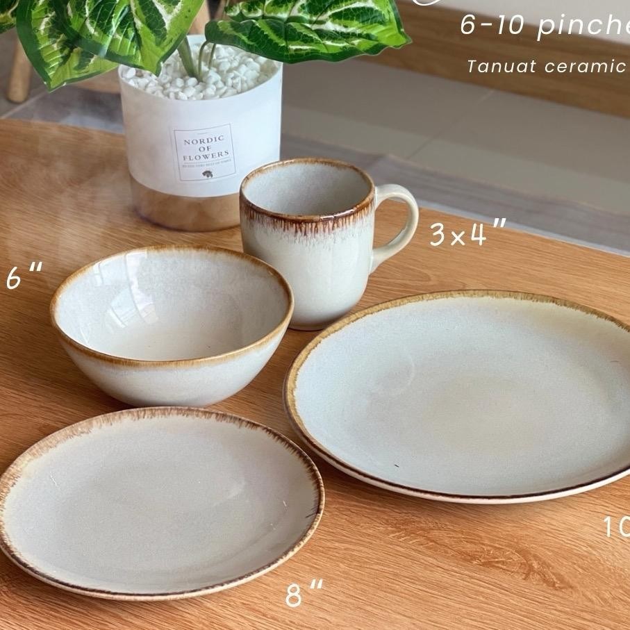 ชุดจานชาม 6-10” (หลุดQC) ceramic ทรงกลม ขอบทอง เนื้อเงา ไมโครเวฟแบบสบาย ๆ ปลอดภัย