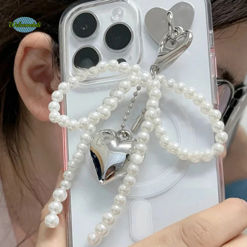 [ยินดีต้อนรับ] เกาหลีหวานมุกโบว์พวงกุญแจจี้หัวใจพวงกุญแจ Y2K ความงามที่เก็บกุญแจสําหรับสาวกระเป๋าจี้อุปกรณ์เสริมใหม่