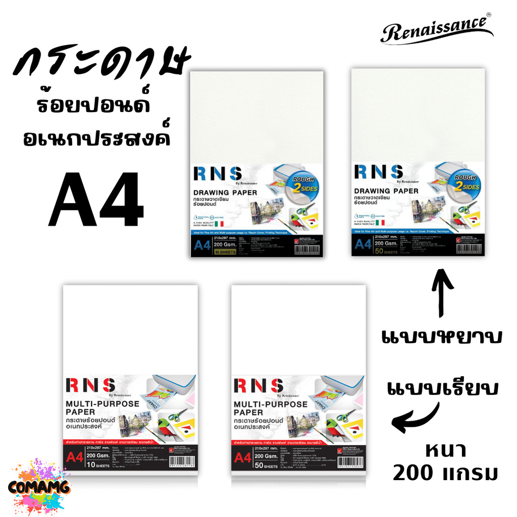 Renaissance กระดาษร้อยปอนด์อเนกประสงค์ ขนาด A4 หนา 200แกรม แบบแผ่นเรียบและแผ่นหย