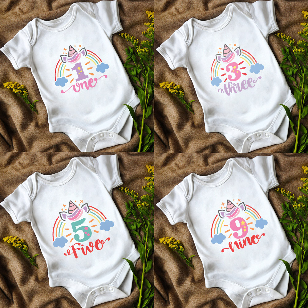 ยูนิคอร์น 1-12 MONTHS Milestones เด็ก Onesie ฤดูร้อนแขนสั้น Baby Jumpsuit สําหรับเด็กชายและเด็กหญิงสไตล์ลําลองบอดี้สูท
