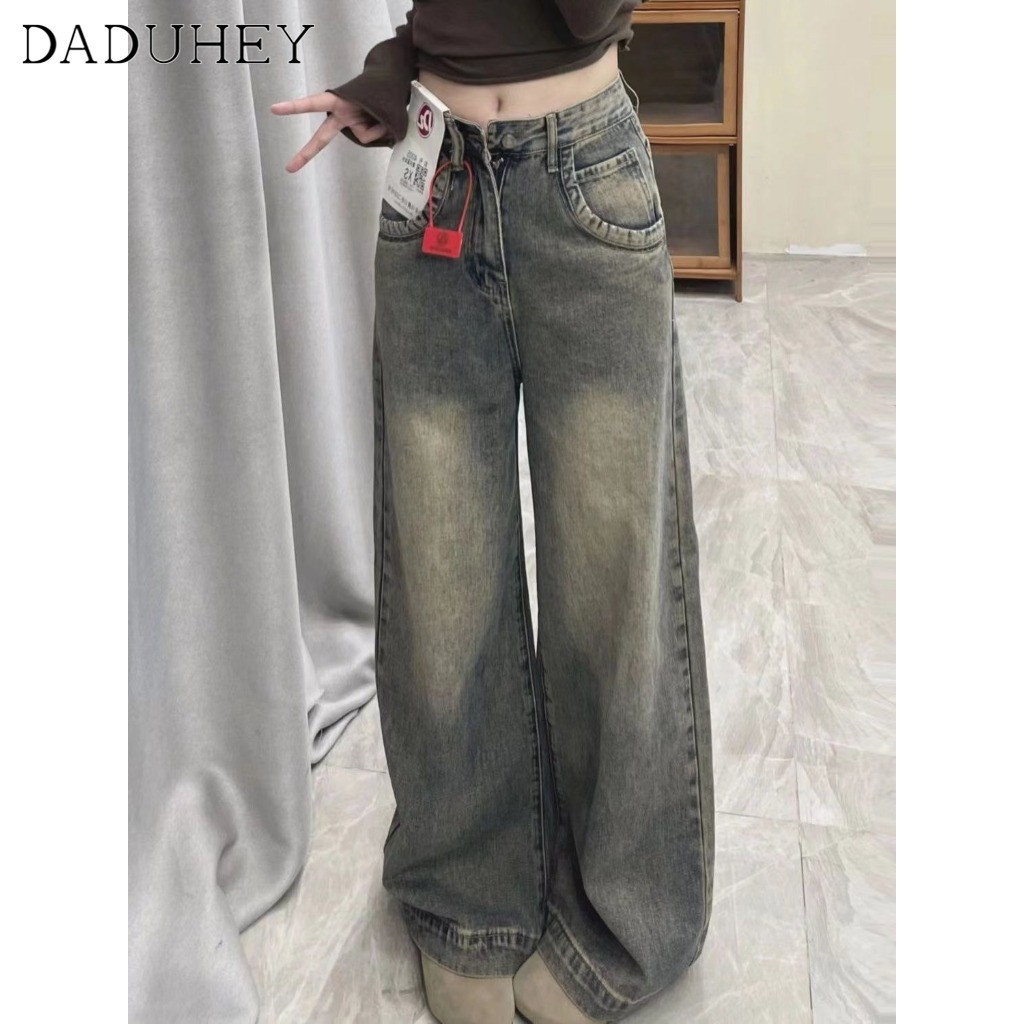 DaDuHey Women 2024 Hot Girls High Waist Slimming Drooping Wide-Leg Pants American Retro Distressed Straight Jeans