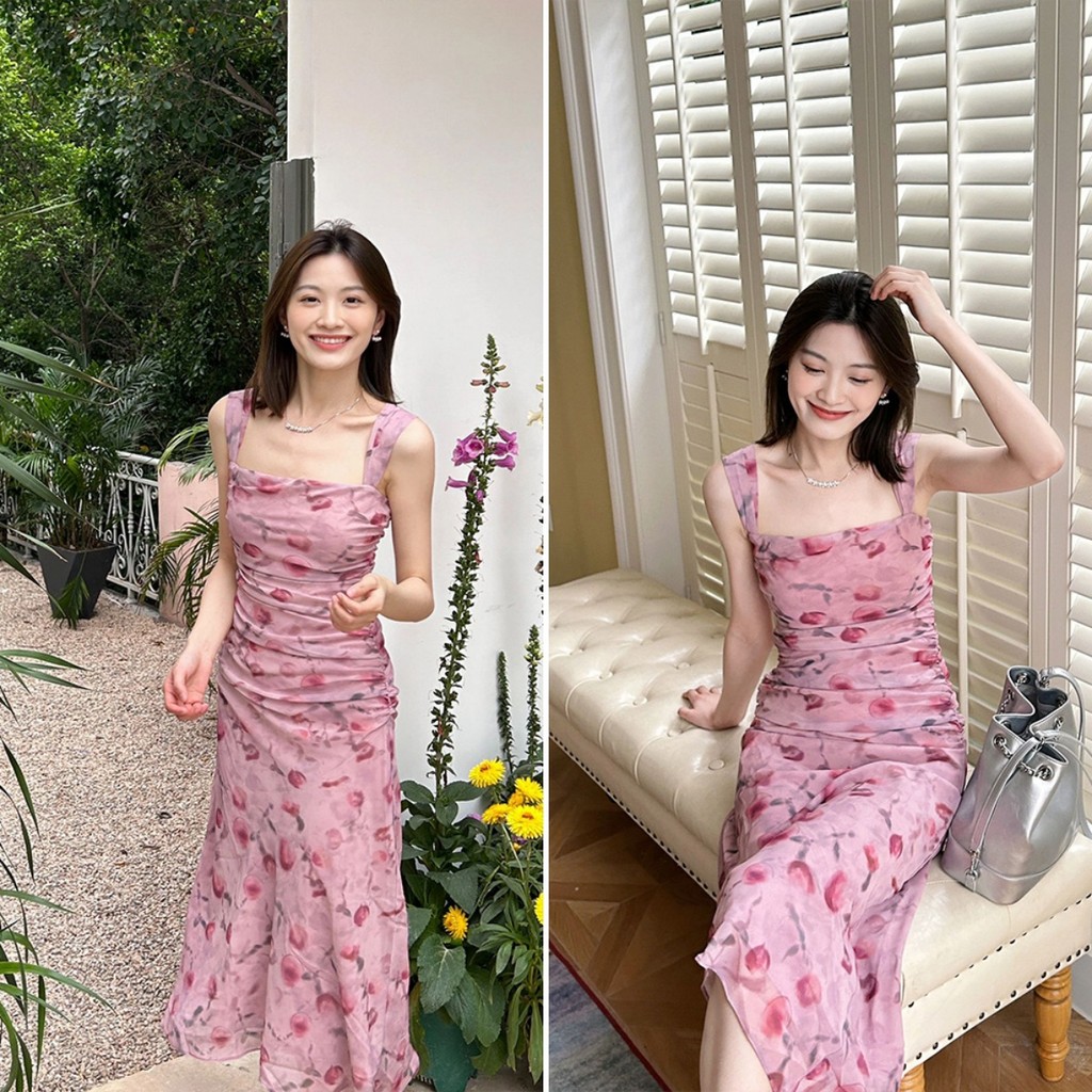 Betty house พร้อมส่ง เดรสลายดอก ชุดเดรสสีชมพูผู้หญิง ชุดยาวเซ็กซี่แขนกุด ย้อนยุคลายดอกไม้ สไตล์ฝรั่งเศส