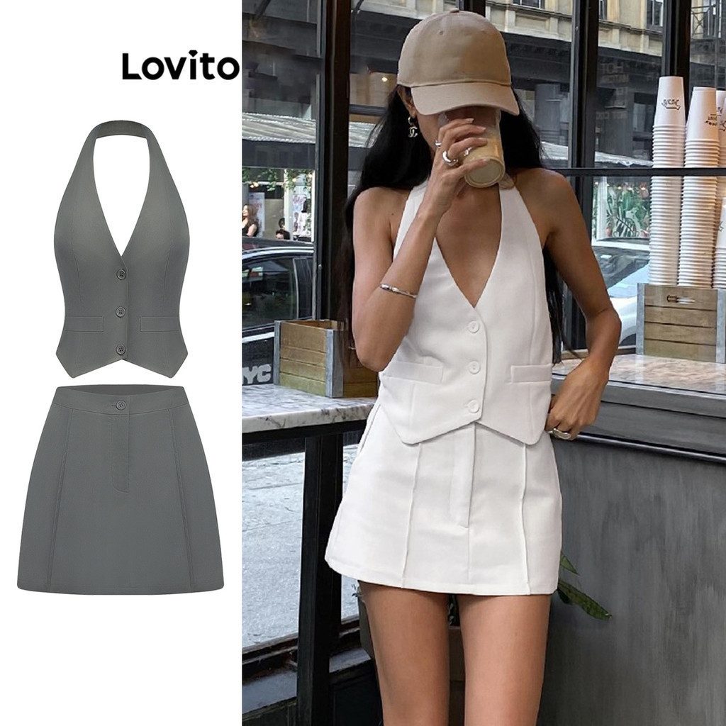 Lovito ชุดเซ็ทกระโปรงผู้หญิง เว้าหลัง มีกระดุม สีพื้น สไตล์ลำลอง LNL42052(หลากสี)
