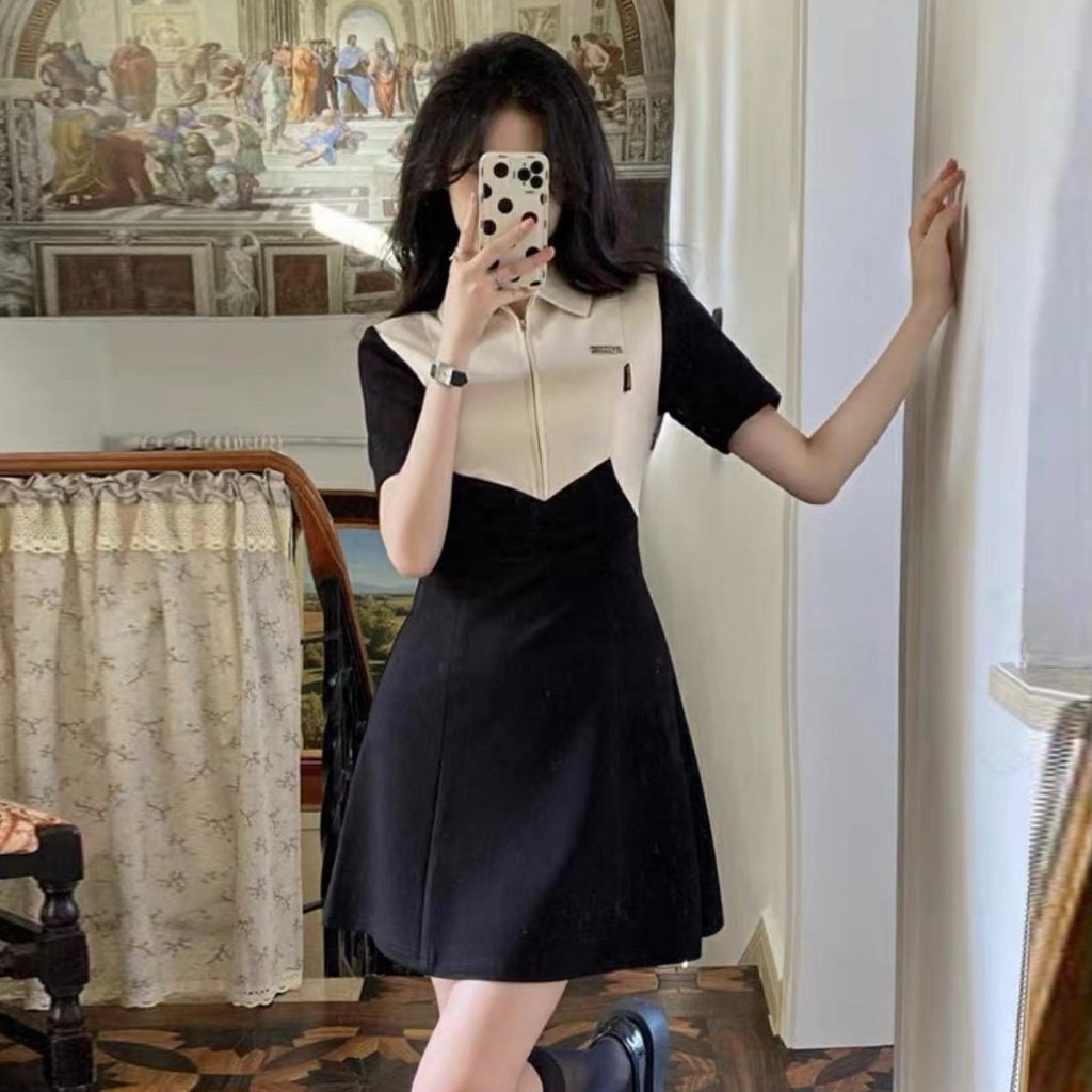 เดรสตัดต่อสไตล์ฝรั่งเศส ปกปอโล ใหม่ล่าสุด สำหรับฤดูร้อน ขายาว เปิดข้าง
