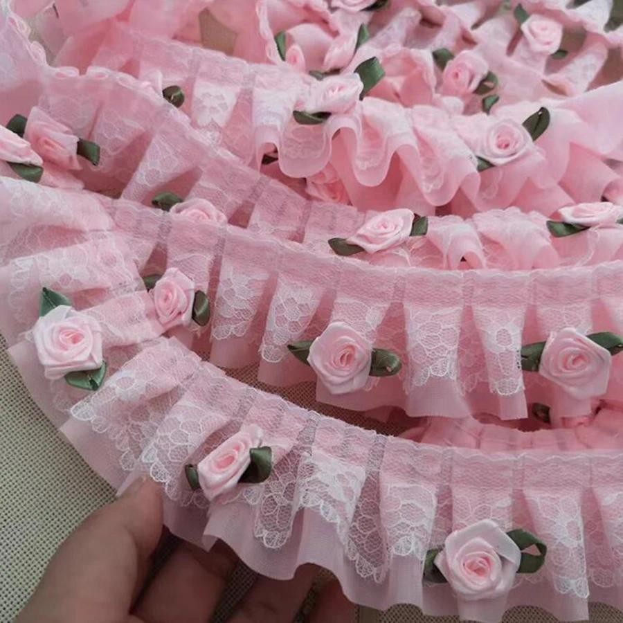 ลูกไม้ปักลายดอกไม้ 3D สีชมพู ขาว ฟ้า ม่วง ขนาด 4 ซม. กว้าง 1 หลา สําหรับงานตกแต่งและผ้าหัตถกรรม
