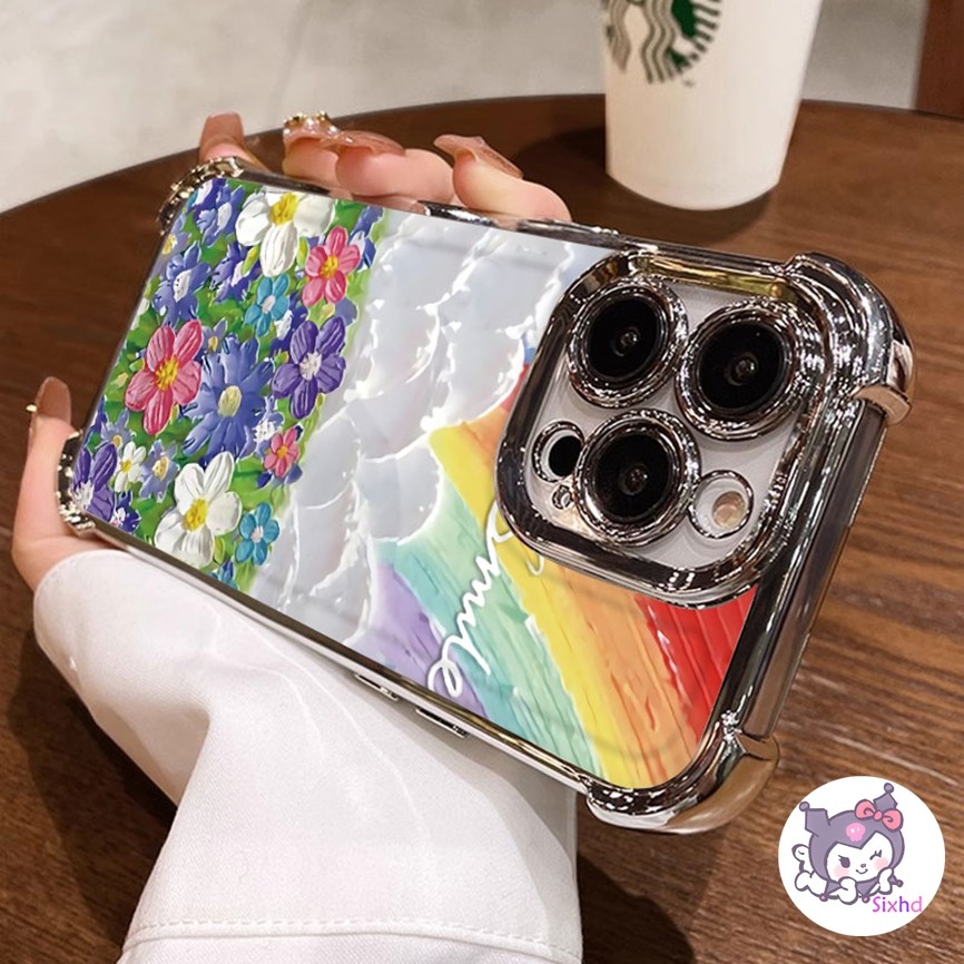 เข้ากันได้กับ IPhone 16 11 XR 15 14 13 12 Pro Max 7 8 Plus SE 2020 X Xs Max หรูหราสี่มุมถุงลมนิรภัยเลนส์ฟิล์มป้องกันกรณีทาสีสายรุ้งดอกไม้ขั้นสูงพลาสติกปกหลัง
