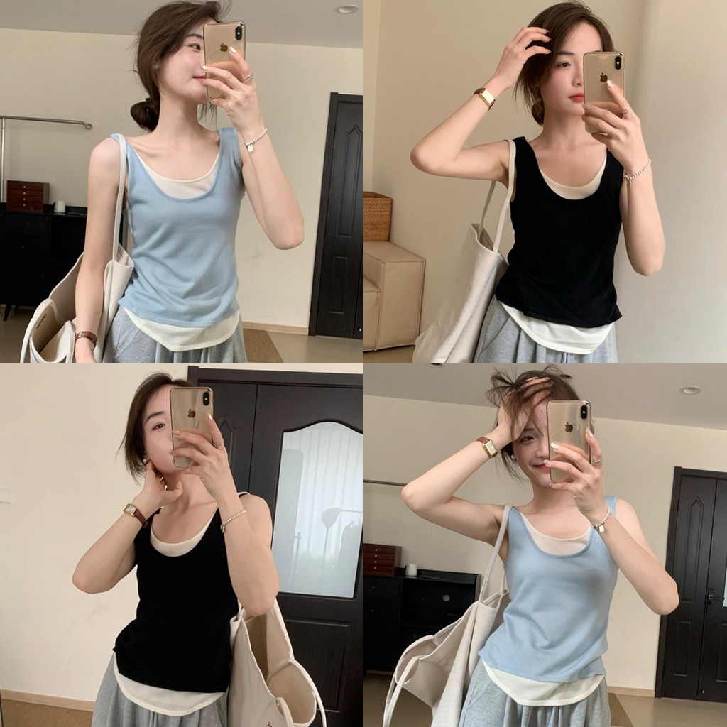 Soroh เสื้อกล้าม ไหมพรม ดีเทลเย็บติดสองชั้น ซีทรูบางเบา คอกลม ผ้านุ่ม สไตล์ลำลอง ใส่สบาย เรียบง่าย #12505-2