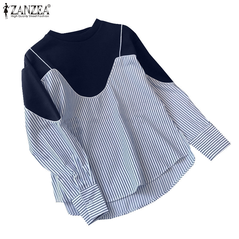 Zanzea เสื้อเบลาส์แขนยาวคอลูกเรือลําลองเกาหลีสําหรับผู้หญิง