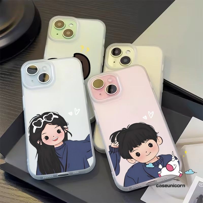 การ์ตูนสร้างสรรค์คู่น่ารักเด็กสาวที่เรียบง่ายโปร่งใสปลอกสําหรับเข้ากันได้ไอโฟน11 14 13 12 15 มือโปร สูงสุด 7บวก เอ็กซ์อาร์ XS สูงสุด X 6ส 7 8 6บวก กับ 2020หรูหราหลุมขนาดใหญ่กรณีฝ้า