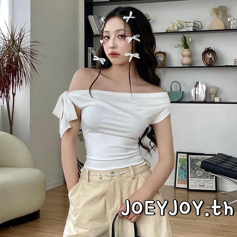 Joeyjoy-เสื้อไหล่เดียวของผู้หญิงฤดูร้อน Ruched Slash Neck Tie-Up เสื้อยืดแขนสั้นครอป - รูปที่ 2