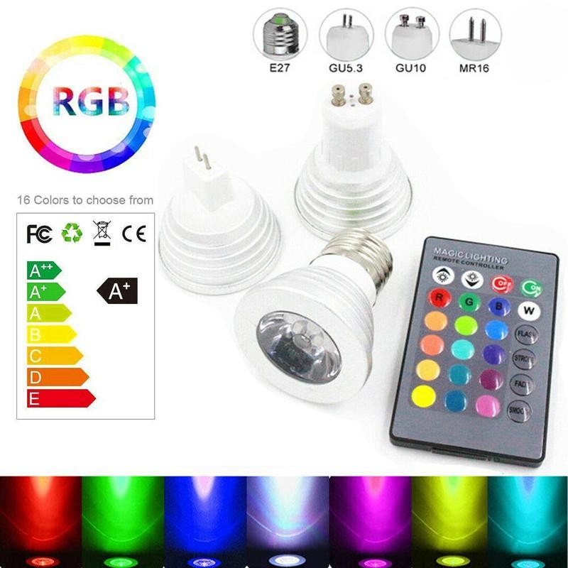 Huazu RGB 16 สีเปลี่ยน LED Spotlight หลอดไฟ E27 GU10 GU5.3 MR16 3W 85-265V ประหยัด RGB หลอดไฟรีโมทคอนโทรลเปลี่ยนสีหลอดไฟที่มีสีสันสําหรับห้องนอนหน้าแรก Living Ro
