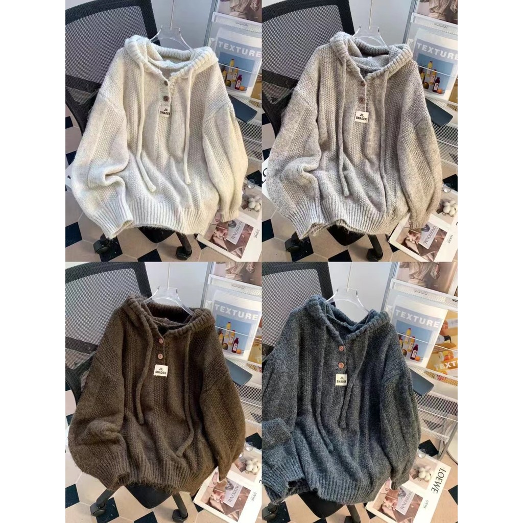 เสื้อสเวตเตอร์มีฮู้ดทรงหลวมสไตล์ชิวๆสำหรับผู้หญิงเสื้อถักสไตล์เกาหลีแบบใหม่ที่นุ่มและหนาสำหรับฤดูใบไม้ร่วงและฤดูหนาว