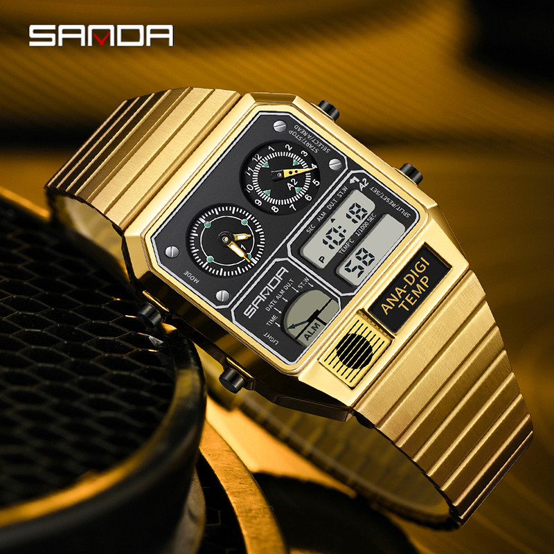 Sanda Retro อินเทรนด์ Punk Dual Display Luminous กันน้ําอิเล็กทรอนิกส์ควอตซ์นาฬิกาผู้ชาย SD3192-12 - รูปที่ 4