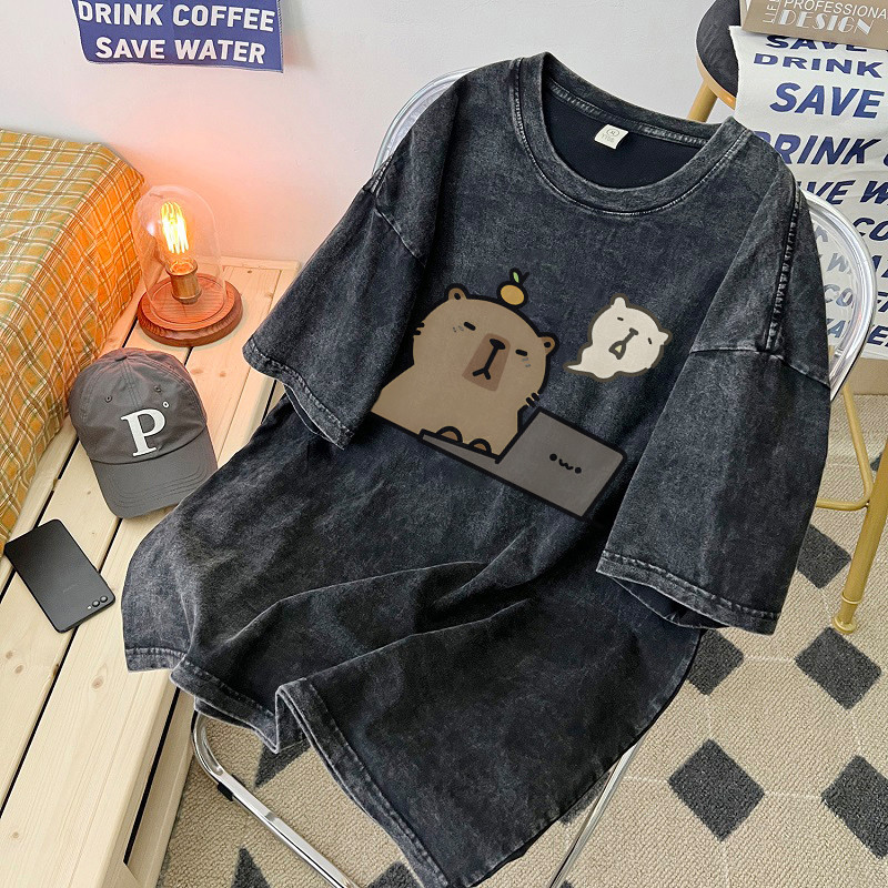 SELVZE（จัดส่งตลอด 24 ชั่วโมง） Printed T-shirt，การ์ตูนน่ารัก ปักเป้าพิมพ์เสื้อยืด oversize ฟอก T1729