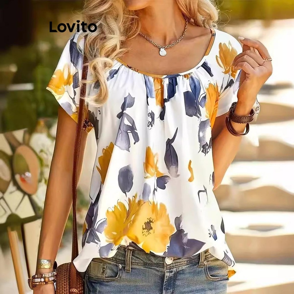 Lovito เสื้อเบลาส์ บล็อกสี ลายดอกไม้สบาย ๆ สำหรับผู้หญิง LNL75102