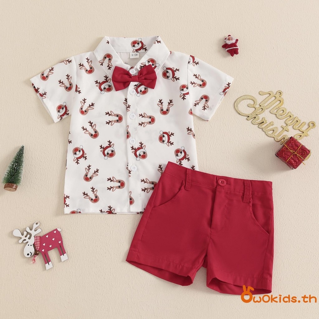 Grao-2 ชิ้นเด็กทารกเสื้อผ้าคริสต์มาสแขนสั้น Reindeer พิมพ์ Bowtie เสื้อ + กางเกงขาสั้นชุดเด็กวัยหัดเดิน