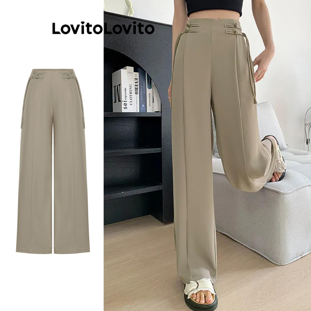 Lovito กางเกงปุ่มธรรมดาหรูหราสำหรับผู้หญิง L105MD679